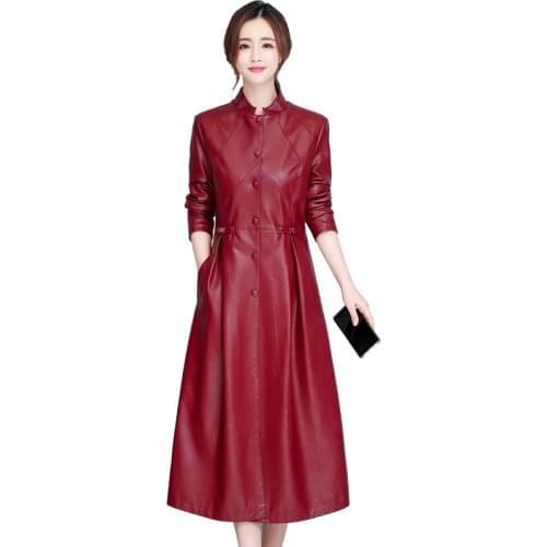 Autumn Winter New Leather Leather Coat Outerwear Woman Medium Long Leather Jackets Female Plus Size Leather Long Windbreaker