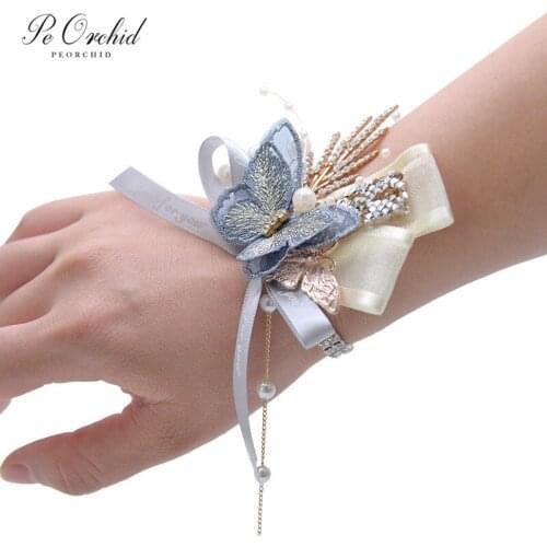 PEORCHID 2020 Pearls Blue bridemaid Hand flower Bracelets For Prom Boutonnieres Brooch Butterfly Wedding Wrist Band Corsage