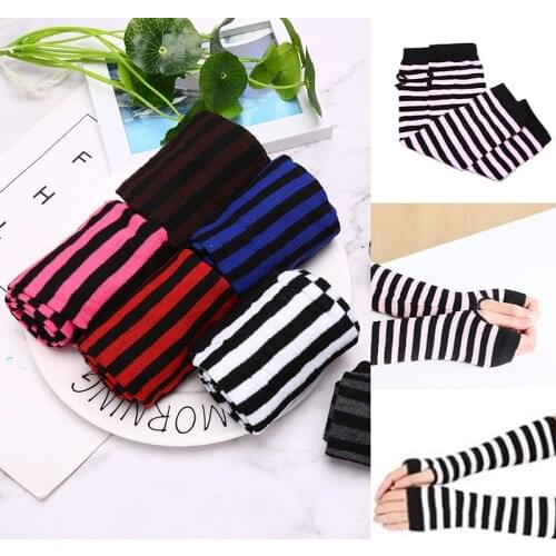Fashion Women Long Sleeve Striped Fingerless Long Gloves Ladies Stretchy Womens Sexy Knitted Wrist Arm Warmer
