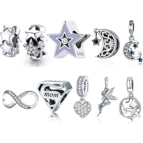 WOSTU Authentic 925 Sterling Silver Star Moon Charms Pendant Fit Original Bracelets Women Party Fashion DIY Jewelry Gift Making