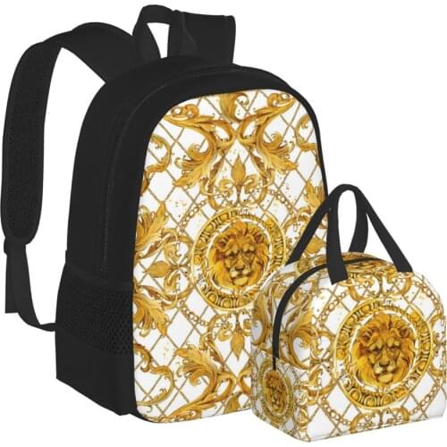 WHEREISART 2pcs Backpack And Lunch Bag Golden Tiger Floral Pattern Bagpack Lady Bolsa Mochila European And American Style 2021