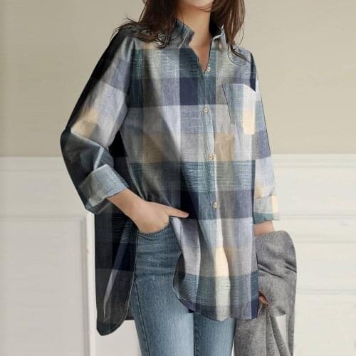 Vintage Women Shirts ZANZEA 2021 Spring Plaid Loose Tops Casual Ladies Autumn Long Sleeve Lapel Collar Blusa Femme
