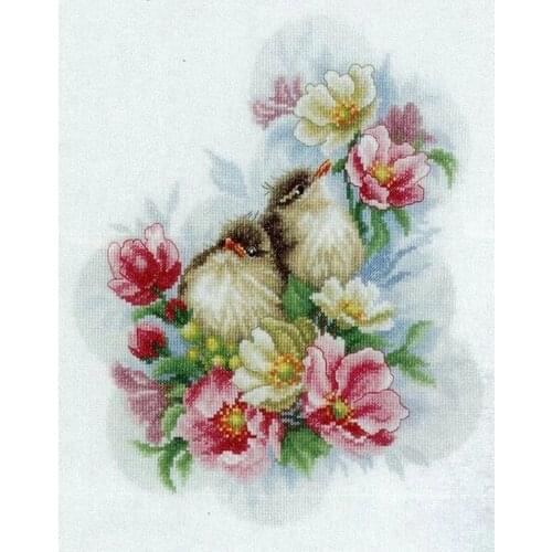 Embroidery Two Fluffy Chicks Among Flower Cross Stitch Supplies Philippines with 100% Cotton Floss &Free Shipping for Wall Decor