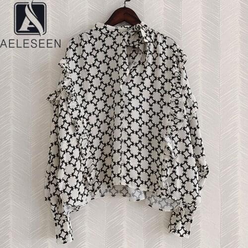AELESEEN Designer Fashion Women Blouse Autumn New Ruffles Sleeve Stars Print Bow Elegant Shirt