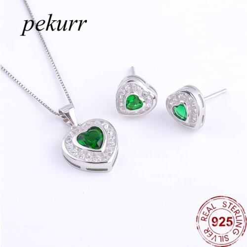 Pekurr 925 Sterling Silver Colorful Zircon Big Heart Earrings Necklace Sets For Women Vintage Wedding Pendants Jewelry Set