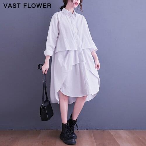 Irregular Shirt Dress Women Long Sleeve Vintage Spliced Fashion Loose Casual White Elegant Dress Clothes Spring Autumn 2021