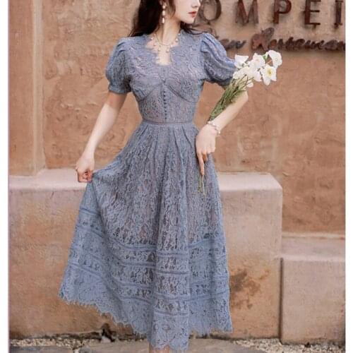 High Quality Retro French Elegant Temperament Lace Dress Summer Chic V-neck Puff Sleeve Hollow Sexy Midi Dress