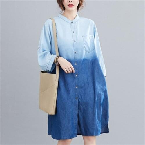 Plus Size Women Dress 2021 New Vintage Denim O-Neck Mixed Colors Thin Mid-Length Dress Female Casual Shirt Jeans Vestidos G824