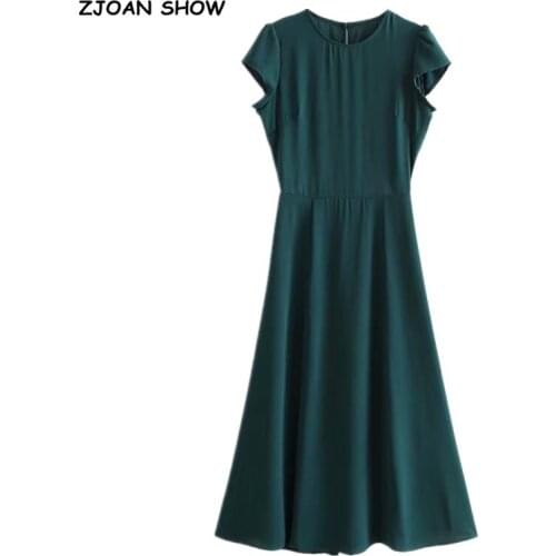 Vintage French Style Plain Green Backless Split Midi Dress Elegant Woman Hollow Out Hole Short Sleeve Slim Tea Dresses Vestido