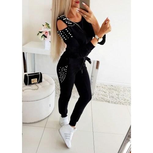 Winter Autumn New Arrival 2 PcsWomen Ladies Solid Tracksuit Long Sleeve Cold Shouder Tops Pants Sets Lounge Wear Casual Suit