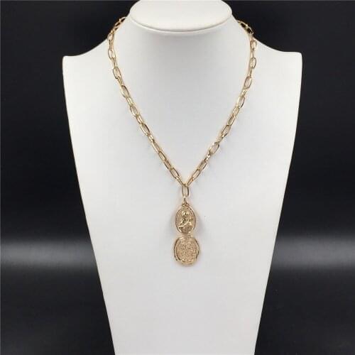 2020 NEW ARRIVALS Gold Color Plating Oval Engraved Two Coin Necklace For Women Girl Trendy Fashion Jewelry Party Decoration
