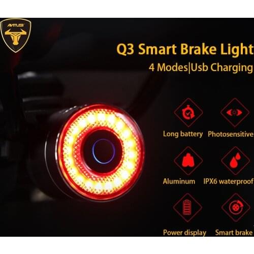 ANTUSI Q3 Smart Bicycle Rear Light Auto Start/Stop Brake Sensing IPX6 Waterproof USB Charge cycling Tail Taillight Bike LED Ligh