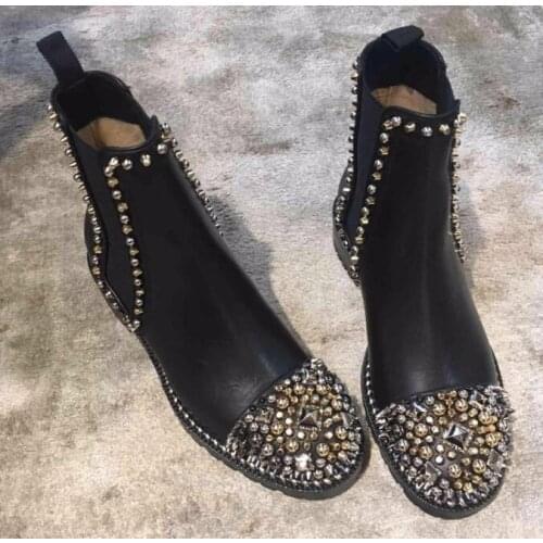 Moraima Snc Winter Round Toe Leather Chelsea Boots Rivets Studded Flat Ankle Boots Woman Short Riding Boots Black