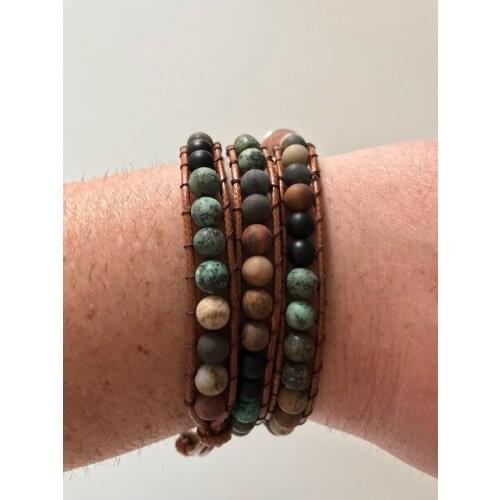 Unisex 3X Leather Cord Wrapped Bracelet for Man Natural Stone Mix Handmade Woven Multi Layer Beaded Male Bracelet Female Jewelry