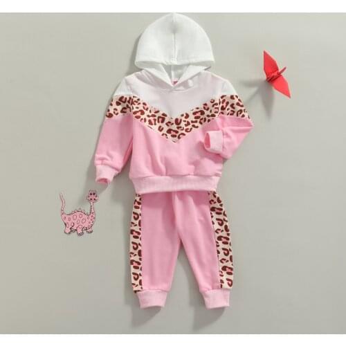 FOCUSNORM 0-5Y Autumn Leopard Printed Kids Girls Clothes Sets Long Sleeve Hooded Patchwork Tops Pants Tracksuit Outfits