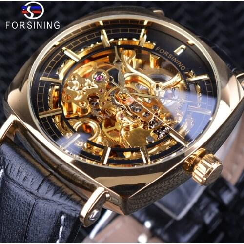 Forsining 2018 Creative Watch Waterproof Luxury Golden Skeleton Mechanical Watches Black Genuine Leather Mens Wristwatches Clock
