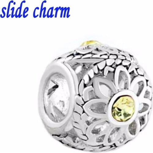 Slide charm Free shipping Valentines Day gift amulet hollow daisy yellow mosaic crystal charm beads fit Pandora bracelet