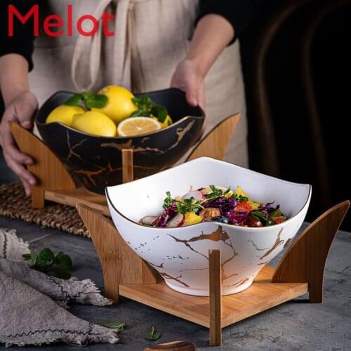 Nordic Creative Fruit Salad Bowl Marble Gold Pattern Household Ceramic Tableware Soup and Noodle Bowl with bamboo Rack