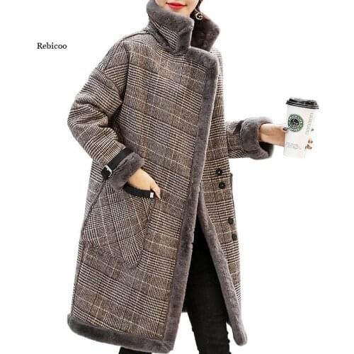 Plaid Faux Leather Fur Parka Coat Women Jacket Womens New Autumn Winter Lamb Fur Female Overcoat Outerwear Coats