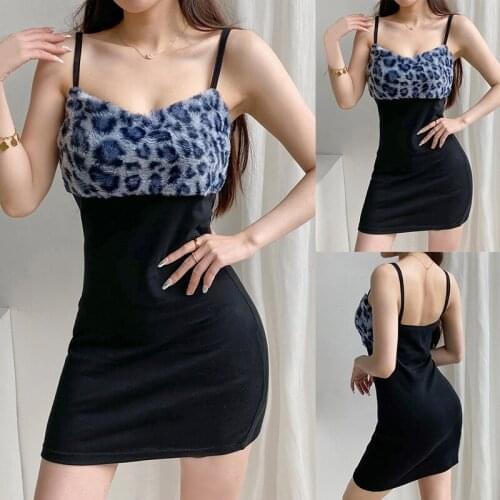 Leopard Fur Trim Mini Dress for Women Fashion Party Clubwear Sleeveless Female Bodycon Dresses