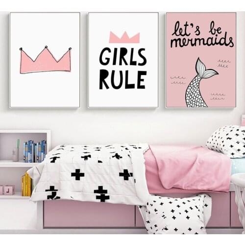 Cartoon Pink Heart Crown Wall Art Canvas Posters and Prints Cute Nursery Quotes Nordic Baby Girl Bedroom Decoration Picture