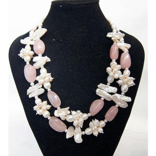 New Favorite Pearl Beadwork Necklace Bib Statement Bridesmaid Gift Multi Strand Pearl Jewelry With Pink Rose Quartz Women Gift