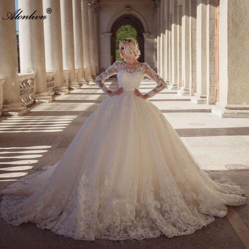 Alonlivn Luxury O-neck Ball Gown Princess Wedding Dresses Beading Appliques Full Sleeves Bridal Gowns Costomize Made