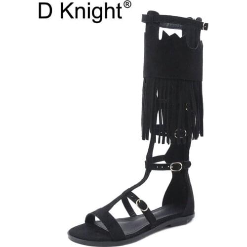 New Womens Fringe Gladiator Sandals Fashion Ankle Strap High Top Rome Flat Sandals Size 35-40 Ladies Tassel Summer Sandals