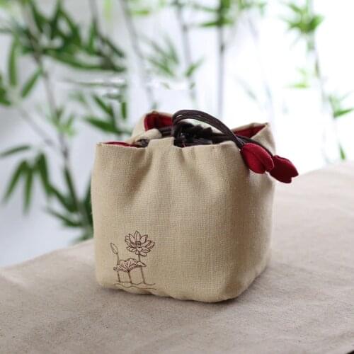 WIZAMONY Teapot Jadeware Storage Bags Thicken Draw Cord Handmade Signature Cotton Lotus Bag Hop-pocket Cloth Bag