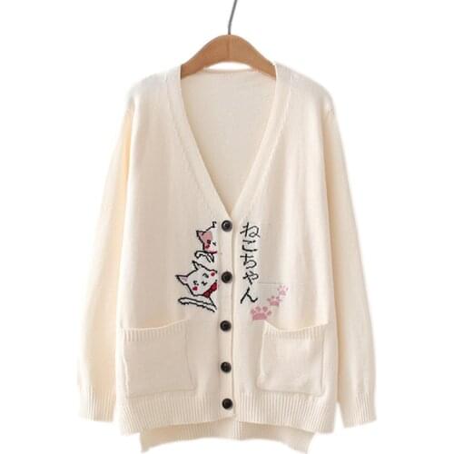 Japanese Kawaii Cardigan Girls Button-down Vintage Cute Cat Knitted Sweaters Women Winter Korean Fashion V Neck Knitwear Coat