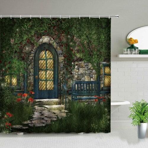 Flower Plant Scenery Dream Magic Forest Print Shower Curtain Small Town Rural Retro Bathroom Curtains Set Waterproof With Hooks