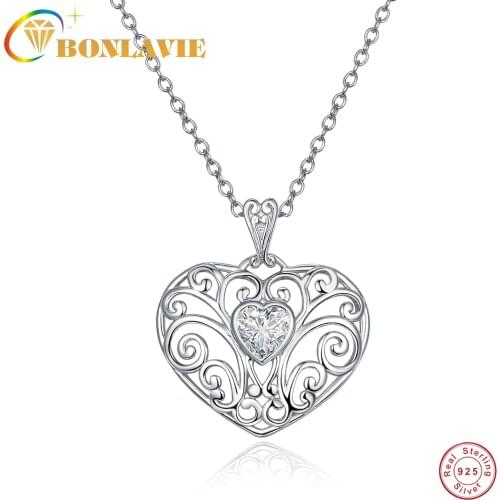 BONLAVIE 925 Sterling Silver Heart-shaped Hollow Vine Pendant Zircon Pendant Necklace Cross Chain with Zircon Women Necklace