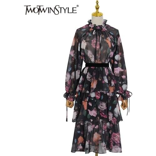 TWOTWINSTYLE Floral Print Colorblock Dress Women Clothing Boho Style Pleated Turtleneck Long Sleeve Vintage Dresses Female 2021