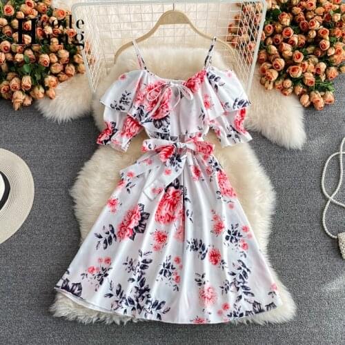 HangCode Women Summer Beach Chiffon Dress Sexy Off Shoulder Bandage Flower Print Dress Bobo Short Party Dress Sundress Vestidos
