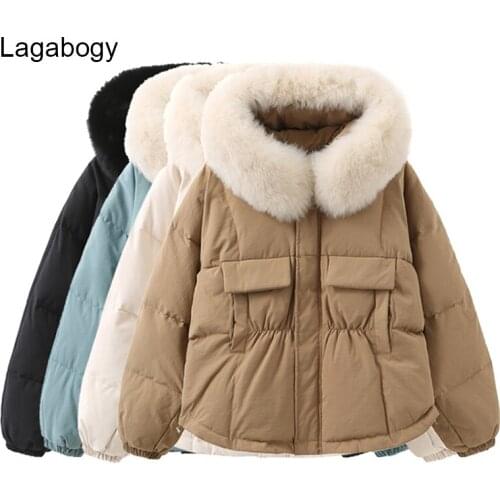 Lagabogy Winter Real Natural Fur Collar Hooded Short Puffer Jacket 90%White Duck Down Coat Warm Loose Parka Long Sleeve Outwear