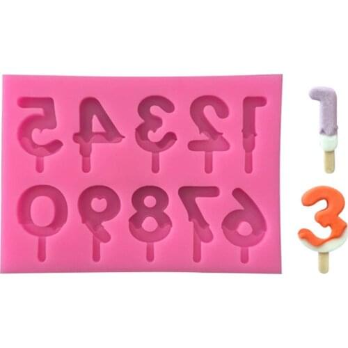 0-9 Numbers Shape Silicone Mold 3D Hand Made Sucker Sticks Chocolate Cake Jelly Candy Mold With Sticks Party Decoration