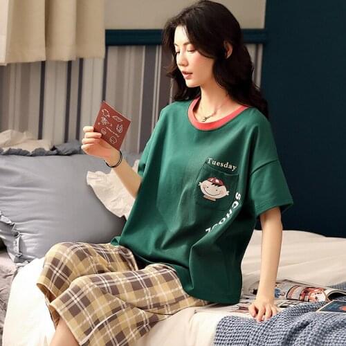 2020 Pure Cotton Fresh O-neck Collar Short Sleeve Suit Loose Womens Household Set