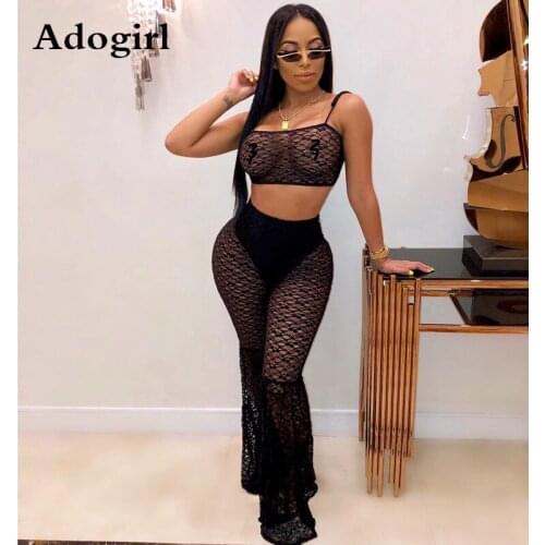 Adogirl Black Lace See though Womes 2 Piece set Spaghetti Straps Crop Top+ Foot Cut Flare Pants with Underwear Club Suit
