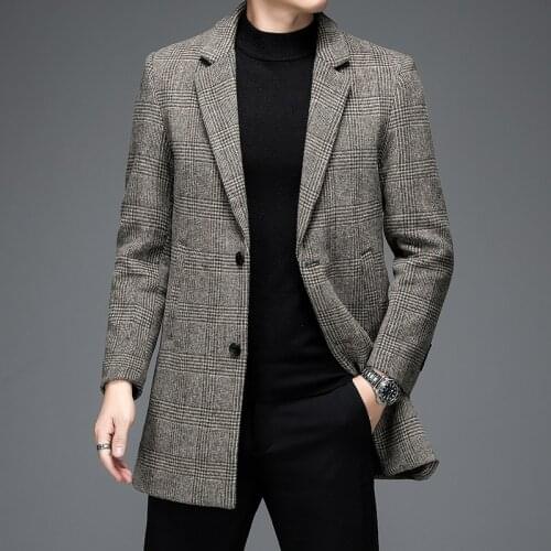England Style Men Elegant Plaid Woolen Blend Overcoat Male Coffee Gray Sheep Wool Tweed Coat Single Breasted Smart Casual Outfit