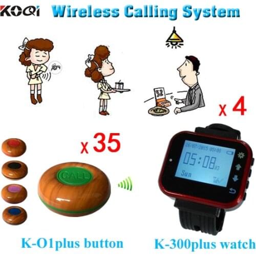 Wireless Waiter Wrist Pagers Service Calling System 4 x K-300plus-red Watch With 35 x K-O1plus-green Bell