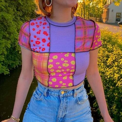 Trendy Painting Printed T-Shirt Fashion Color Block Short Sleeve Round Neck Slim Wild Summer Chic Sexy Crop Tops 2021