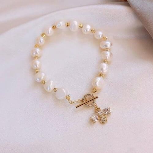 FYJS Unique Light Yellow Gold Color Irregular Shape Imitation Pearl Bracelet with Cubic Zirconia Jewelry