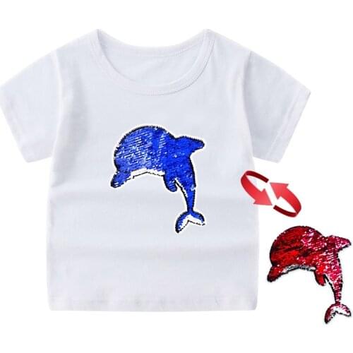 Summer 2019 girls tops boys t shirt dolphin whale reverse sequin color change girls shirts kid clothes kids tshirt