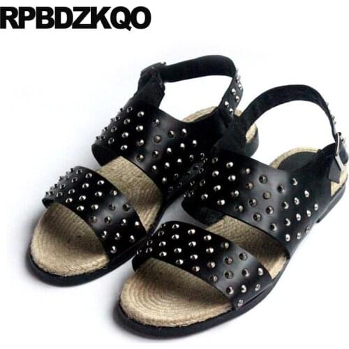 Summer Designer Shoes Men High Quality Genuine Leather Large Size Stud Rivet Black Italian Espadrilles Sandals Fisherman 45 Rope