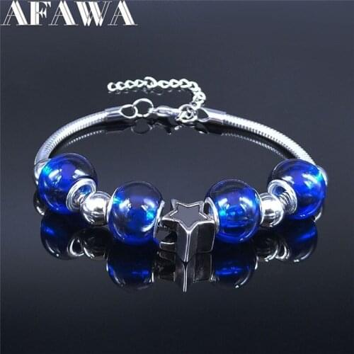 Witchcraft Pentagram Stainless Steel Blue Glass Chain Bracelets Women Silver Color Bead Bangle Bracelet Jewelry joyas BXS01