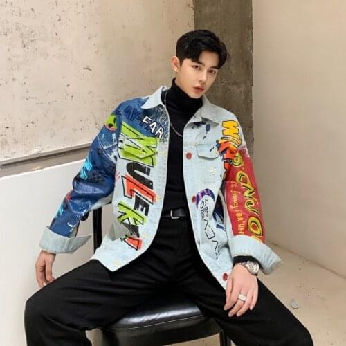 Fashion Mens Hip Hop Loose Fit Graffiti Printed Denim Jacket Casual Streetwear Outwear Jeans Coat Cowboy Light Blue Jacket
