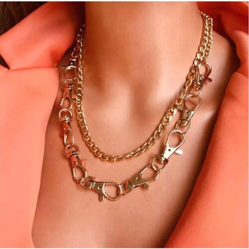 Fashion Womens Asymmetrical Buckle Necklace Gold Chunky Necklace Chain and Buckle Imitation Pearl Lock Pendant Necklace