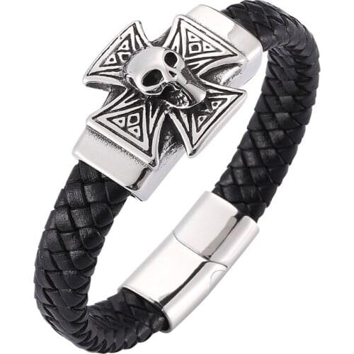 Punk Skull Cross Stainless Steel Magnetic Clasps Bracelet Men Charm Cuff Leather Bracelets Rock Men Jewelry Gifts BB0276