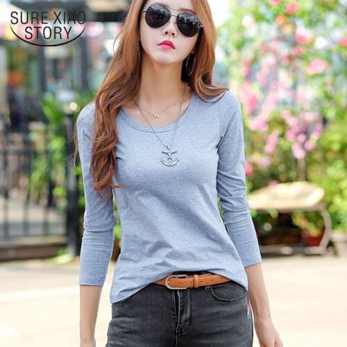 Solid Long Sleeve T-shirt Women 2021 Autumn Cotton Woman Shirt Plus Size Slim O-Neck Korean Fashion Office Lady Clothes 10629
