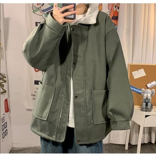 Plus Size Mens Loose Parkas Coat Turn-down Collar Lambswool Lining Warm Outwear Casual M28